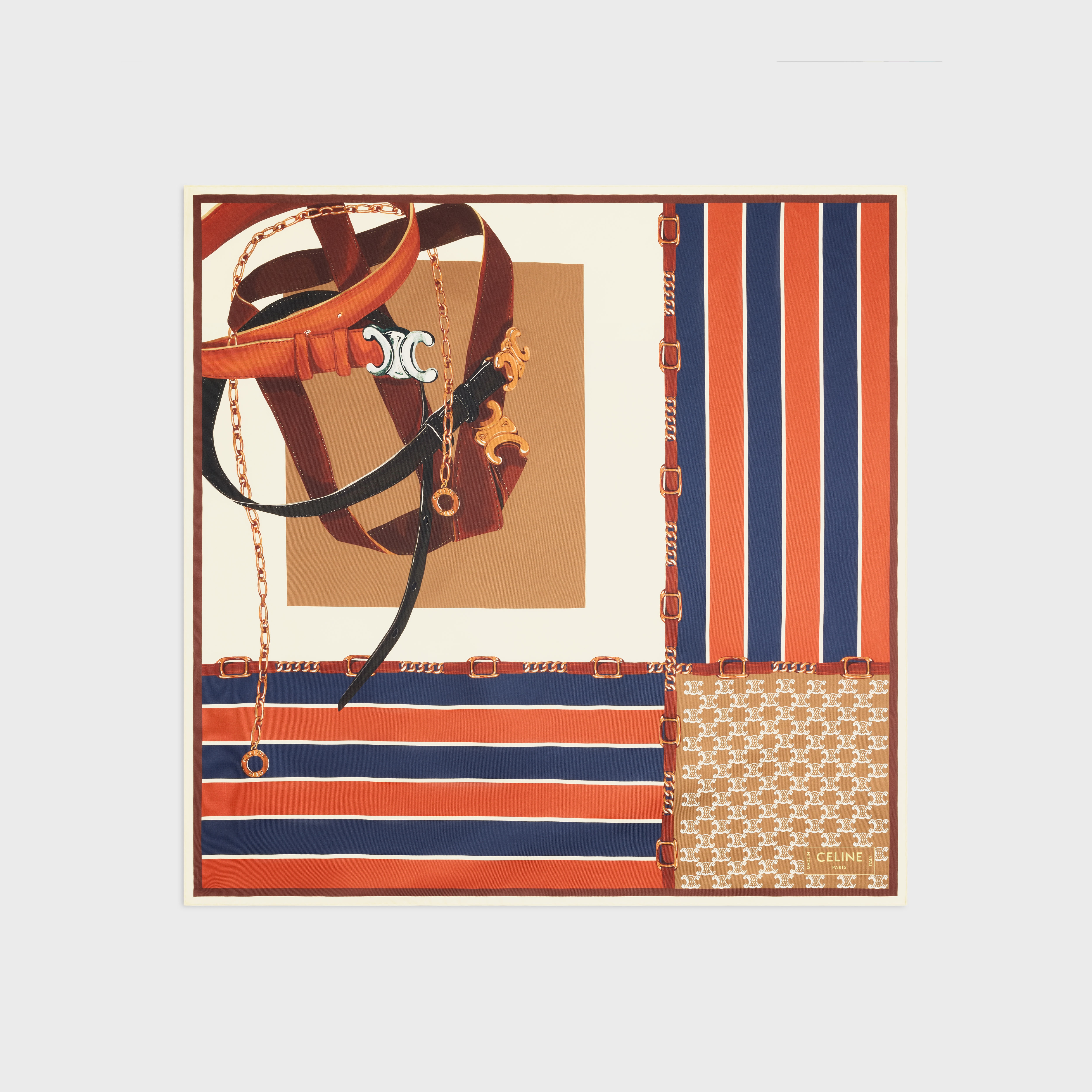 【新品未使用】CELINE アレクサンドゥ　パリ　スカーフ シルク100% スクエアスカーフ / シルクツイル - オレンジ / ゴールド | CELINE